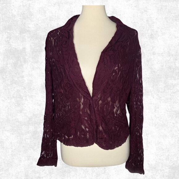 INC Burgundy Lace Blazer Jacket - Sheer Romantic Layer - Size Large - Picture 4 of 7